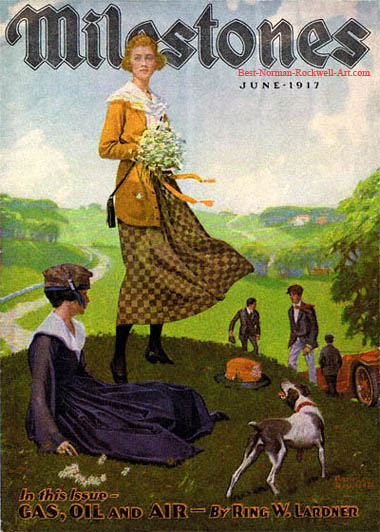 Girl on Hill with Bouquet by Norman Rockwell appeared on Milestones cover June 1917