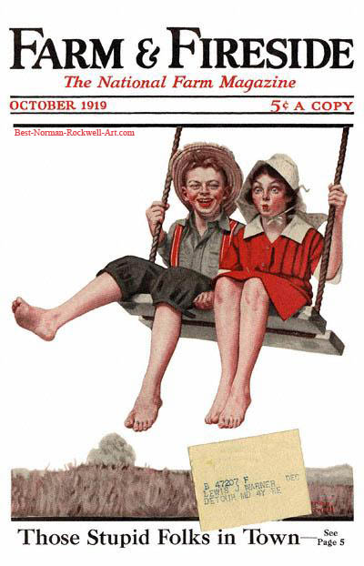 Boy and Girl Swinging by Norman Rockwell appeared on Farm And Fireside cover October 1919