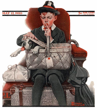 The May 15, 1920 Saturday Evening Post cover by Norman Rockwell entitled Boy with Dog in Picnic Basket