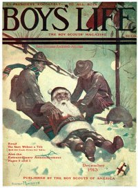 Norman Rockwell Boy's Life cover published December 1913. The title is Santa and Scouts in Snow