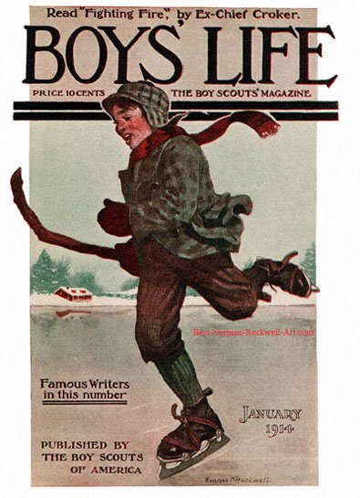 Norman Rockwell cover for Boys' Life appearing January 1914 entitled Boy Skating