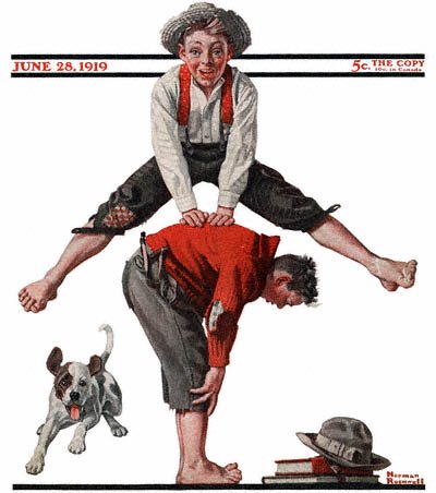 The June 28, 1919 Saturday Evening Post cover by Norman Rockwell entitled Boys Playing Leapfrog