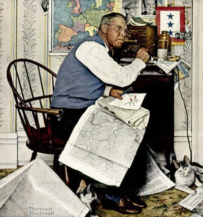 The April 29, 1944 Saturday Evening Post cover by Norman Rockwell entitled Man Charting War Maneuvers