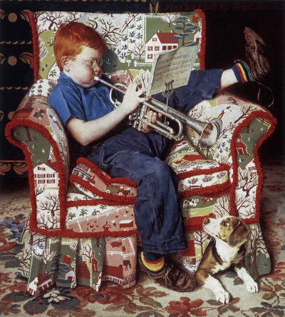 The November 18, 1950 Saturday Evening Post cover by Norman Rockwell entitled Boy Practicing Trumpet